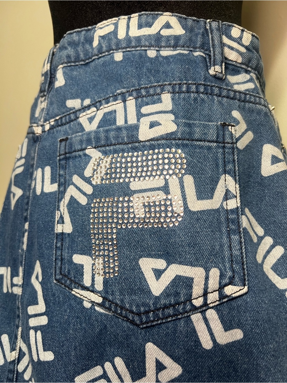 Y2K FILA Blue Denim Mini Skirt with White Logo Print and Rhinestone Pocket